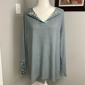 Soft Surroundings Valette Blue Gray Waffle Knit Rhinestone Jeweled Blouse Size L